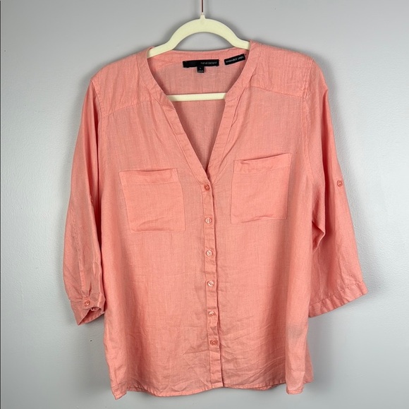 Harve Benard 100% Linen Salmon Relaxed Blouse with 3/4 Sleeves & Mandarin Collar - Picture 2 of 12